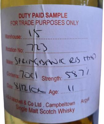 Springbank 2006 Duty Paid Sample For Trade Purposes Only Refill Bourbon Hogshead 58.7% 700ml