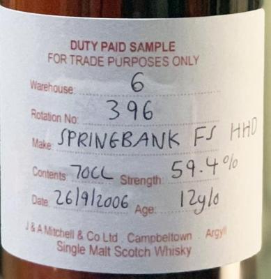 Springbank 2006 Duty Paid Sample For Trade Purposes Only Fresh Sherry Hogshead Rotation 396 59.4% 700ml