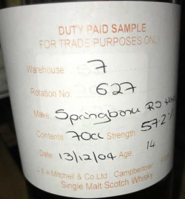 Springbank 2004 Duty Paid Sample For Trade Purposes Only Refill Sherry Hogshead Rotation 627 57.2% 700ml