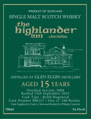 Glen Elgin 2008 WCon Cask Le Sens The Highlander Inn Chichibu 54.1% 700ml